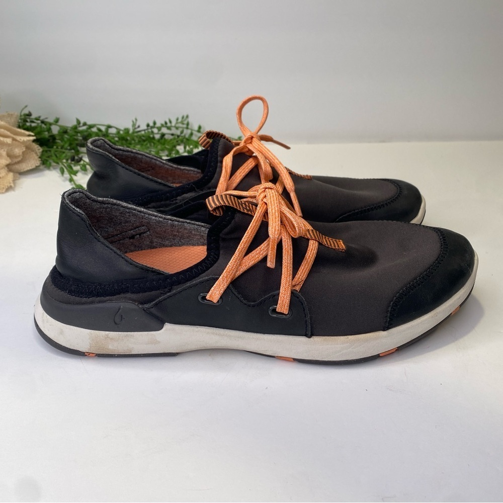 OluKai Miki Li Leather & Neoprene Slip On Lace Up Sneakers Size 8 Black Coral